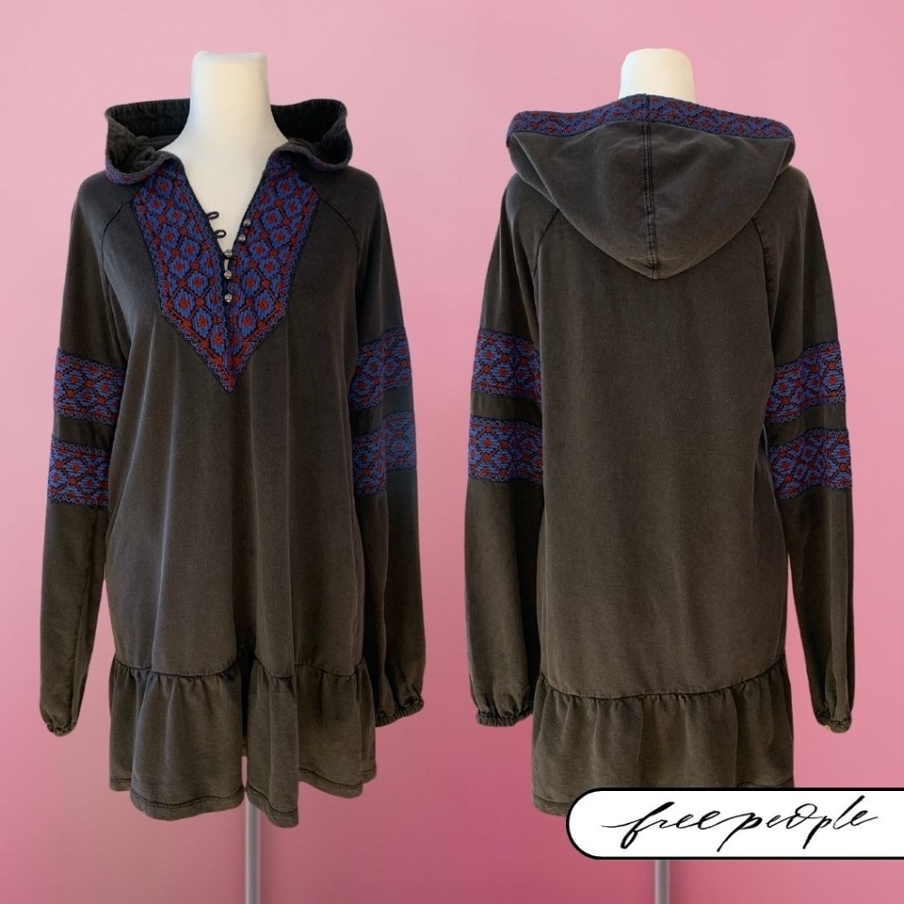 Free People Embellished Hooded Tunic Size S Boho Knit Pullover Embroidered Trim